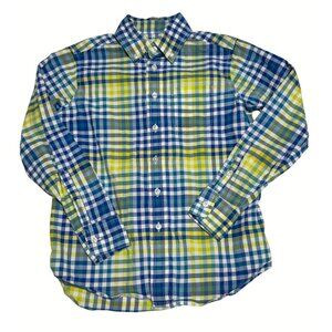 Lands End Kids Boys Small 8 Plaid Long Sleeve Shirt S 8 Cotton Blue Yellow